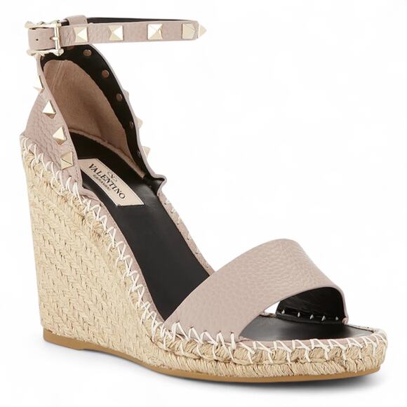 Valentino Rockstud Espadrille Wedge Sandals Nude Poudre Leather Size 40 US 10 - Picture 1 of 15